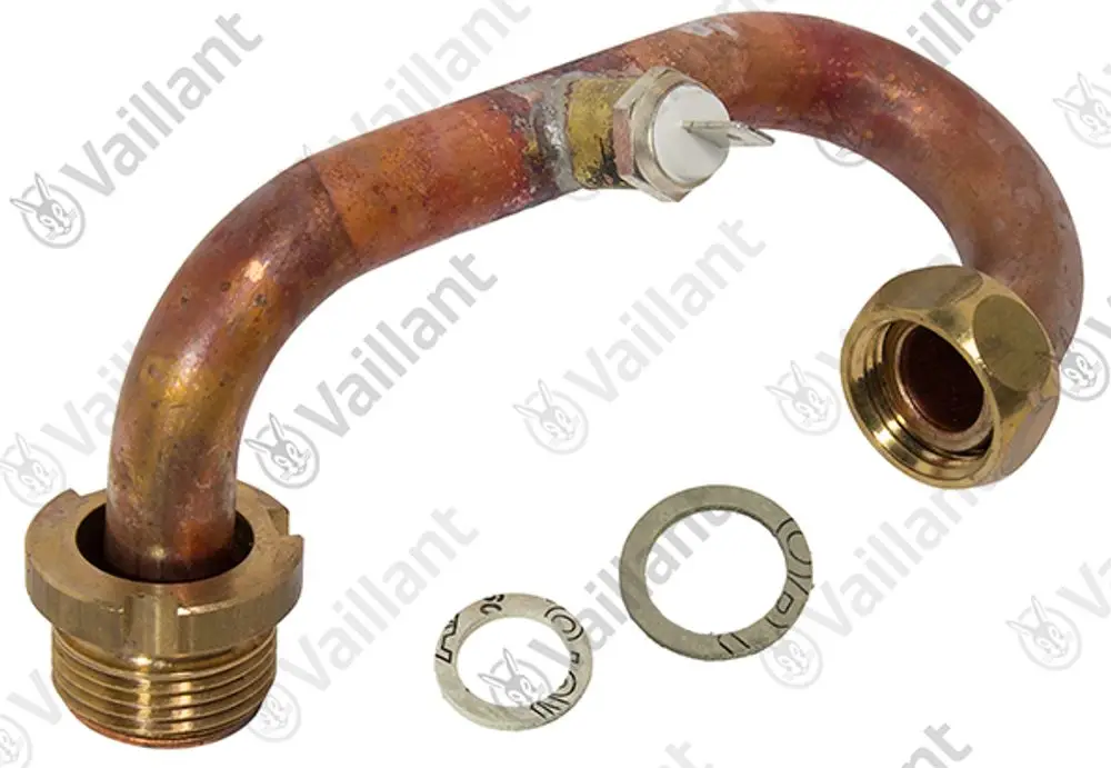 Kupferrohr mit einer gebogenen Form, das mit einer Messingmuffe und zwei Dichtscheiben geliefert wird, markiert mit dem Logo von Vaillant.
